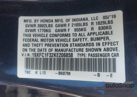 2019 Honda Civic Ex z USA, uszkodzony, nr VIN 19XFC1F32KE206858